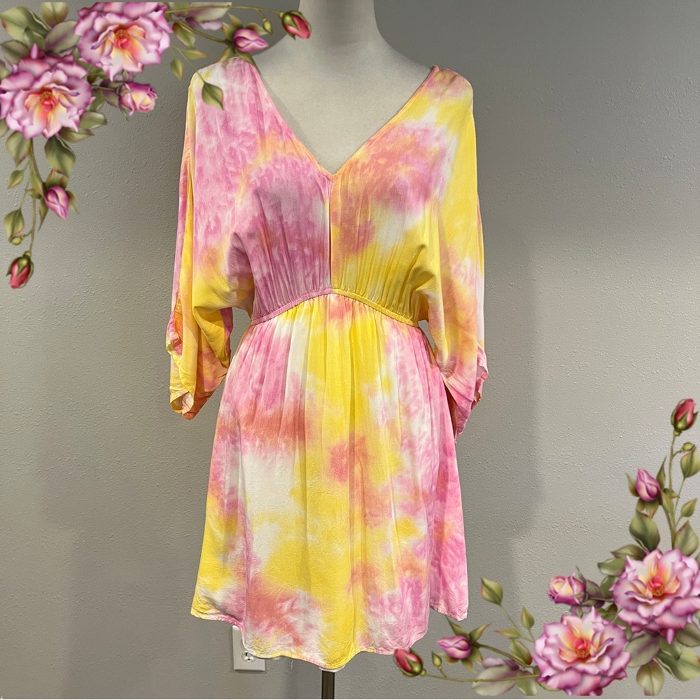 Colorful Tie-Dye bat sleeves v-neck‎ mini Dress size wrap small